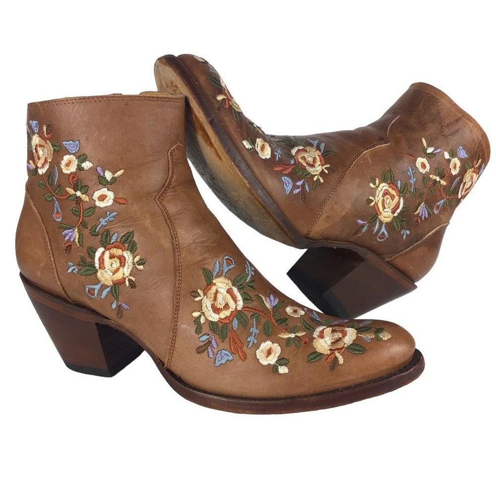 Shyanne Millie Floral Ankle Boots Bootie Brown Leather Western Boho Bohemian 9 M